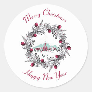 Adesivo Redondo Cena da igreja do inverno do vintage com grinalda