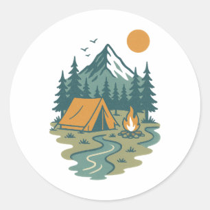 Adesivo Redondo Cena de Acampamento em Montanha Vintage Aventura a