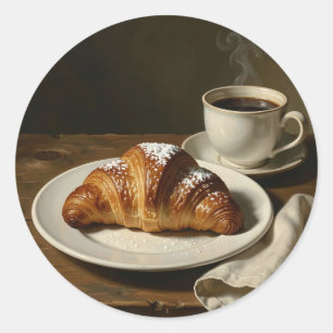 Adesivo Redondo Cena de Café com Croissant Dourado