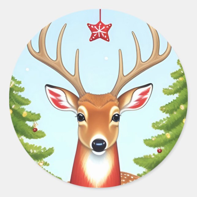 Adesivo Redondo Cena de Deer na Wonderland de inverno (Frente)