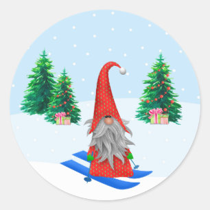 Adesivo Redondo Cena de Gnome de Natal com Esqui Caprichoso