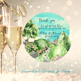 Adesivo Redondo Cena de Jardim em Aquarela Personalizada Agradecim