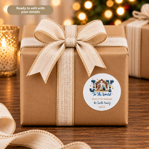 Adesivo Redondo Cena de Natal Azul Personalizada com Alegria ao Mu