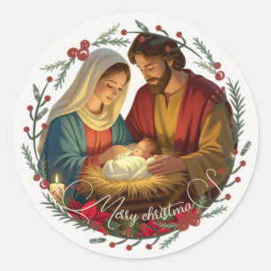Adesivo Redondo Cena de Natal com Sua Foto Menino Jesus no Presépi