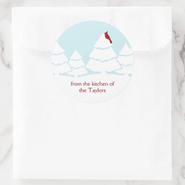 Adesivo Redondo Cena de Natal de Pássaro Vermelho Cardinal (Bolsa)