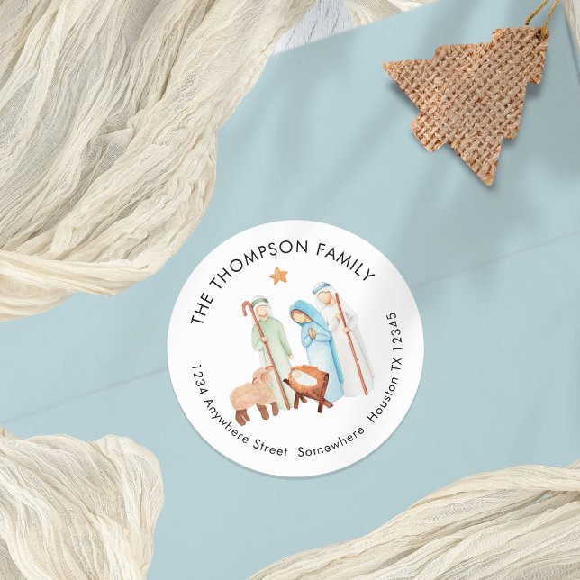 Adesivo Redondo Cena de Natividade com o nome de devolução Shepher (Mary Joseph Baby jesus and Shepherd Return Name Address Sticker sheet)