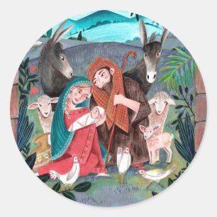 Adesivo Redondo Cena de natividade religiosa azul, vermelha Mary &
