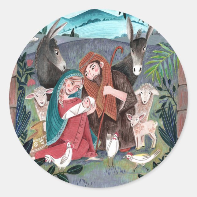Adesivo Redondo Cena de natividade religiosa azul, vermelha Mary & (Frente)