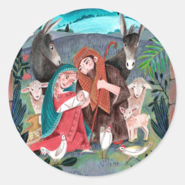 Adesivo Redondo Cena de natividade religiosa azul, vermelha Mary &