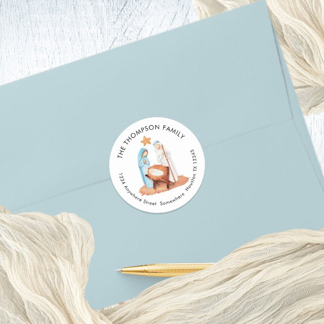 Adesivo Redondo Cena de Natividade Simples Nome de Devolução Ender (Mary Joseph baby Jesus Nativity Scene All is Calm Return Name and Address Round Sticker)