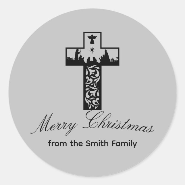 Adesivo Redondo Cena de Natividade Vestido de Natal Cruzado (Frente)