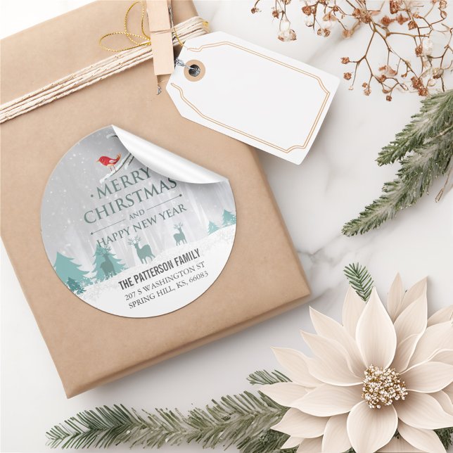 Adesivo Redondo Cena de Neve Natal e Ano Novo Endereço de Saudação (Criador carregado)