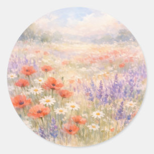Adesivo Redondo Cena de Prado de Flores Silvestres em Aquarela