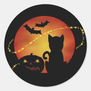 Adesivo Redondo Cena de Silhueta de Gato de Halloween, Abóbora e M