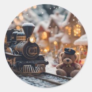 Adesivo Redondo Cena de Trem de Natal Mágico com Urso de Teddy