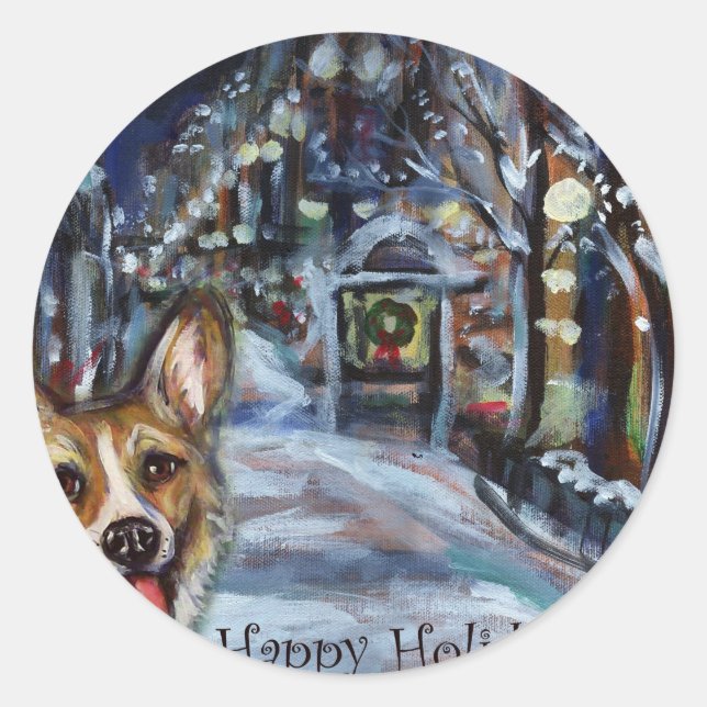 Adesivo Redondo cena de Welsh Corgi Xmas Wintry (Frente)