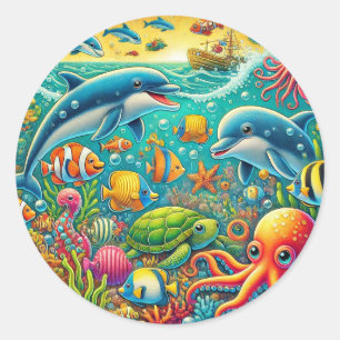 Adesivo Redondo Cena Marinha Subaquática Colorida 🐚 Oceano Vibran