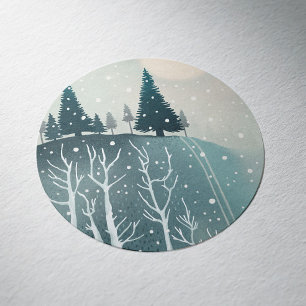 Adesivo Redondo Cena Pacífica de Floresta de Inverno Natal