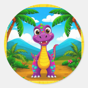 Adesivo Redondo Cena Tropical de Dinossauro de Desenho Animado 🦖 