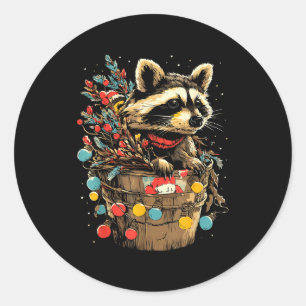 Adesivo Redondo Cenário de inverno festivo de guaxinim fofo Animal