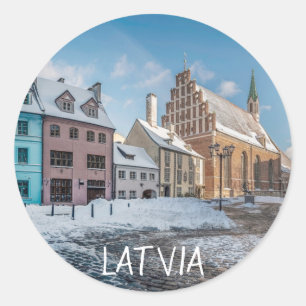 Adesivo Redondo Centro de cidade de inverno de neve em Riga, Letón