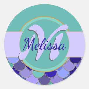 Adesivo Redondo Cerceta & folha roxa da sereia do monograma das