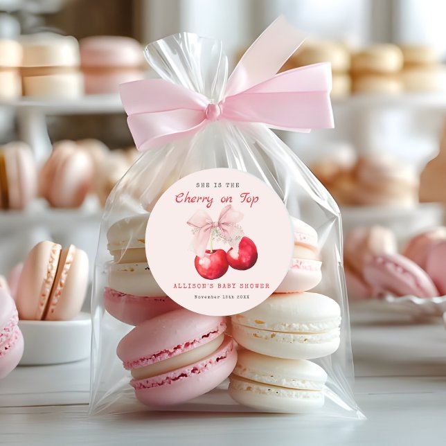 Adesivo Redondo Cereja Doce Na Garota Do Chá de fraldas Superior (Cherry on Top Baby Shower Girl Favor Stickers)