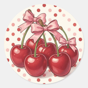 Adesivo Redondo Cerejas Vermelhas Doces Laços Rosa Pontos Polka Re