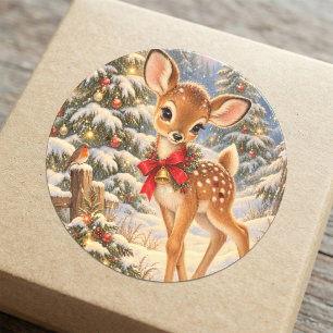 Adesivo Redondo Cervo de Natal Antigo em Floresta Nevada