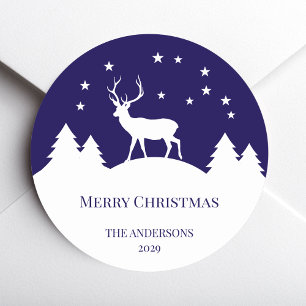 Adesivo Redondo Cervo Natal Azul Branco Veado no Inverno Elegante