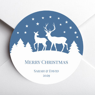 Adesivo Redondo Cervo Veado & Corça Azul Branco Natal