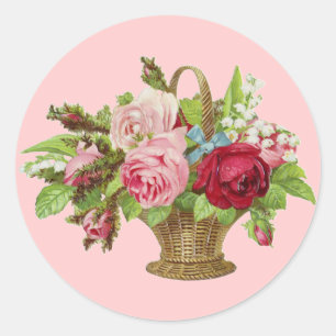 Adesivo Redondo Cesta cor-de-rosa da flor do vintage