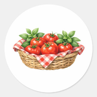 Adesivo Redondo Cesta de aquarela com tomates e manjericão