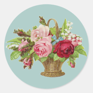 Adesivo Redondo Cesta de Flor do Rosa de Vintage