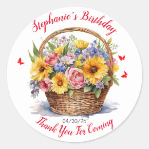 Adesivo Redondo Cesta De Flores Púrpuras Amarelas Rosa