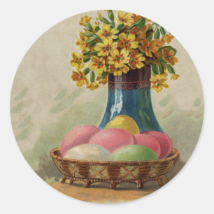 Adesivo Redondo Cesta de Páscoa Ovos Flores Antigo