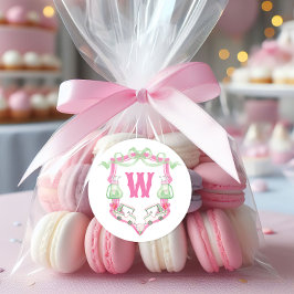 Adesivo Redondo Cesto do Monograma do Carrinho de Golfe Rosa e Ver