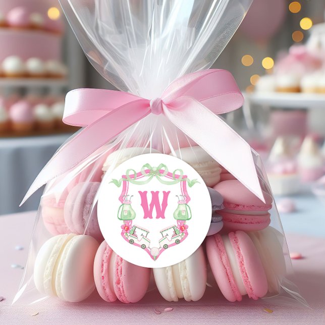 Adesivo Redondo Cesto do Monograma do Carrinho de Golfe Rosa e Ver (Criador carregado)