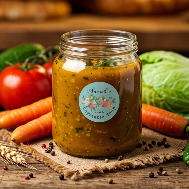 Adesivo Redondo Cevada de Jardim Vegetal Fresca e Borboletas Teal (Fresh Vegetable Garden Medley & Butterflies Teal Classic Round Sticker)