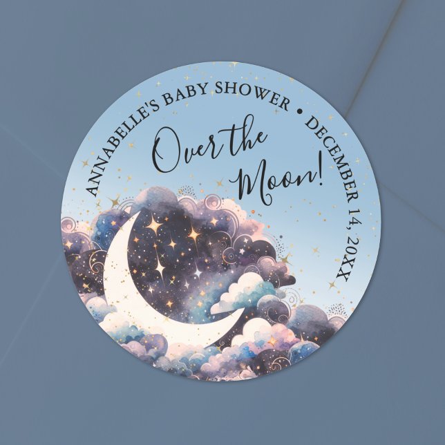 Adesivo Redondo Chá de Bebê Além da Lua (Over The Moon Baby Shower Classic Round Sticker)