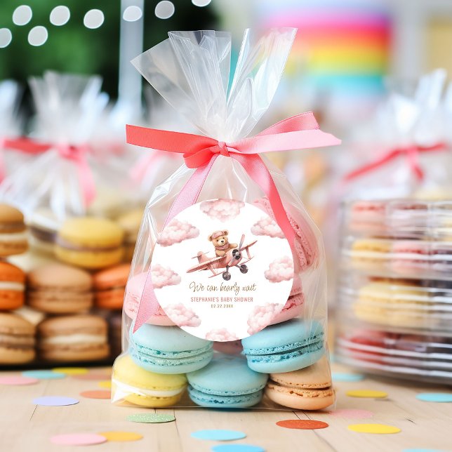 Adesivo Redondo Chá de Bebê Avião Urso Fofo Rosa Menina (Cute Bear Airplane Pink Girl Baby Shower Classic Round Sticker)