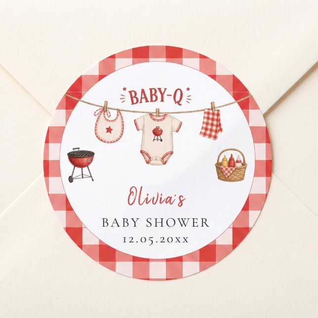 Adesivo Redondo Chá de Bebê BBQ Rustico Xadrez Vermelho (Bbq Baby Shower Rustic Red Gingham Classic Round Sticker)