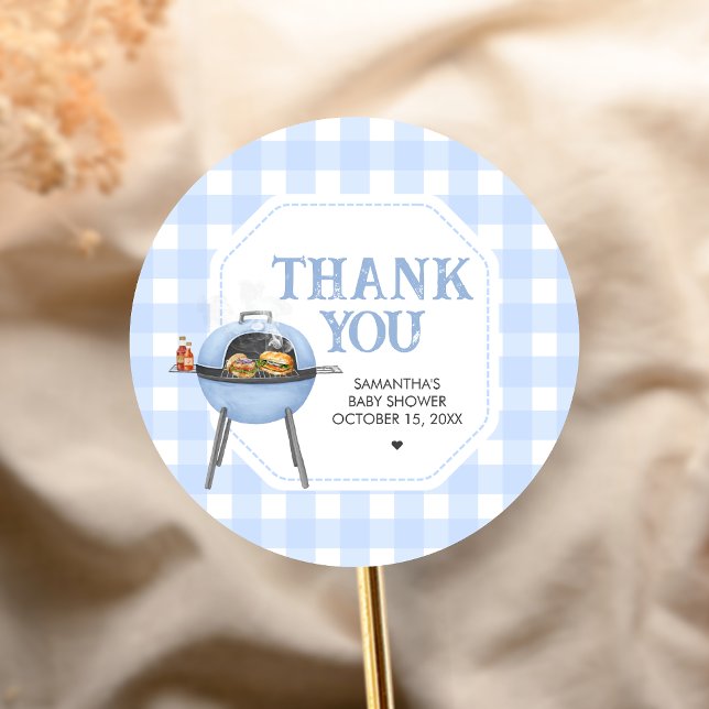 Adesivo Redondo Chá de Bebê Blue Burger BBQ (Bun and Burgers Baby Shower Sticker)