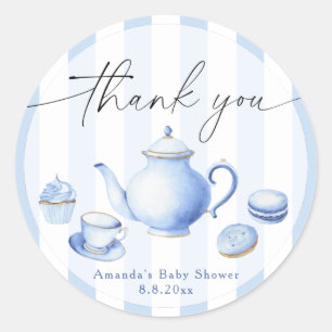 Adesivo Redondo Chá de Bebê Blue Tea Party Obrigada