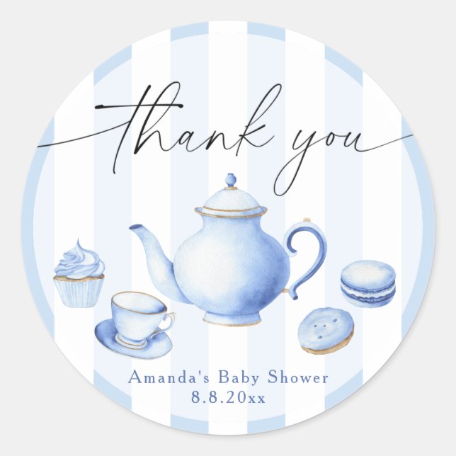 Adesivo Redondo Chá de Bebê Blue Tea Party Obrigada (Frente)