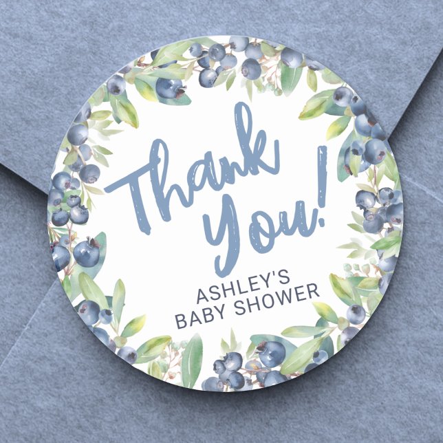 Adesivo Redondo Chá de Bebê Blueberry Obrigado (Blueberry Baby Shower Thank You Classic Round Sticker)