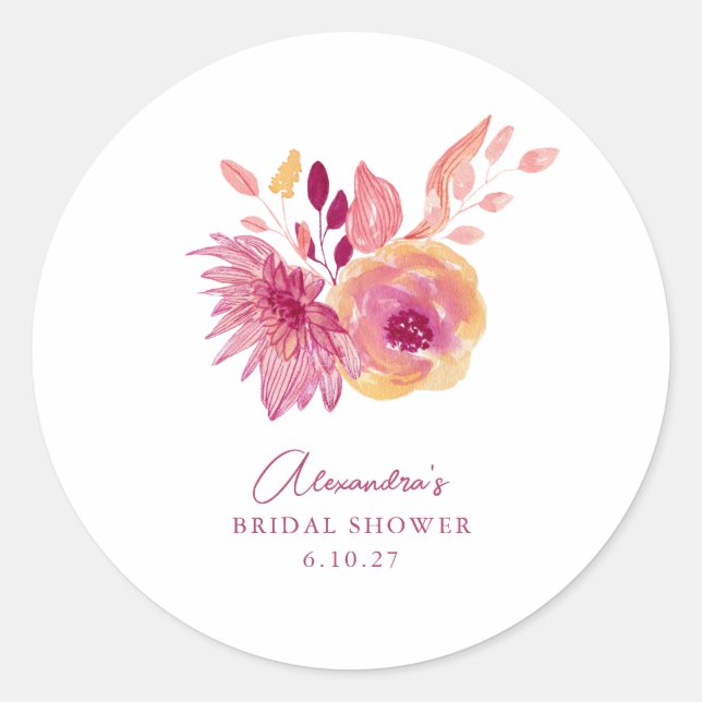 Adesivo Redondo Chá de Bebê Boho Aquarela Flores Vermelhas Magenta (Frente)