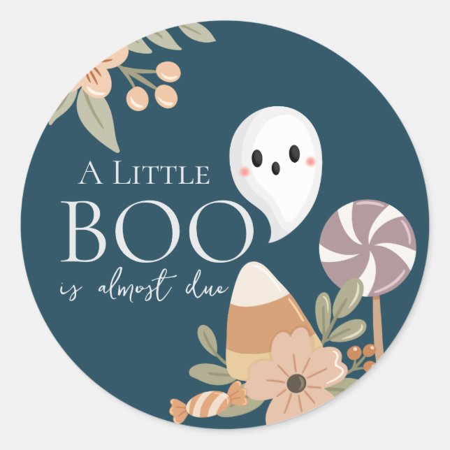 Adesivo Redondo Chá de Bebê Boho Halloween Fantasma Fofo Azul Escu (Frente)