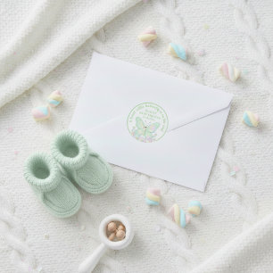 Adesivo Redondo Chá de Bebê Borboleta de Marshmallow Verde Menta
