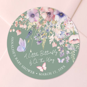 Adesivo Redondo Chá de Bebê Borboleta Flor Silvestre Verde